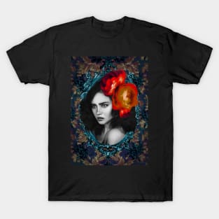 Luscious Red Flower Girl Portrait Artwork Wall Art Unique Digital Illustration T-Shirt